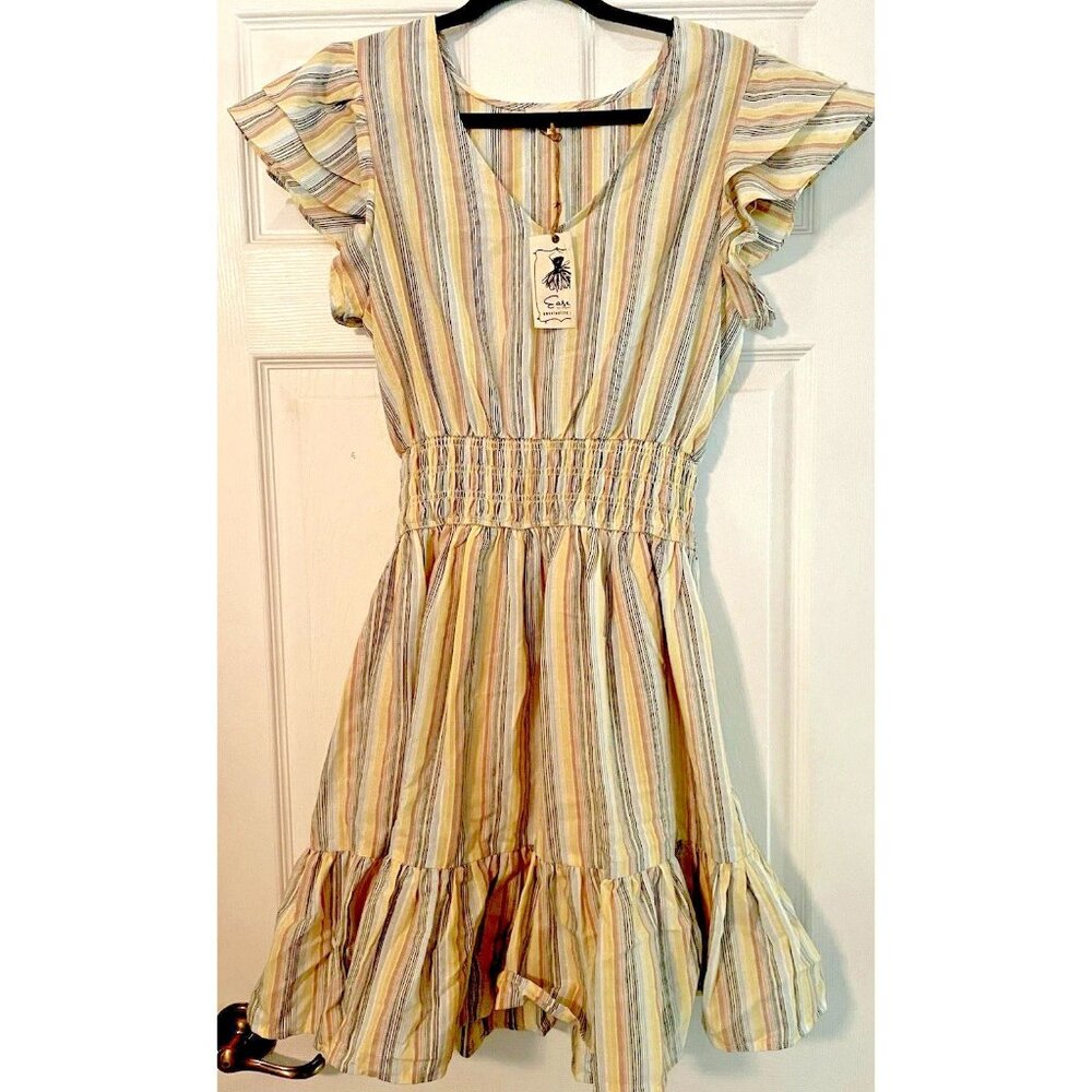 New Easel Striped Cotton Voile Ruffle mini Dress Sz Small Flutter Sleeve Fairy